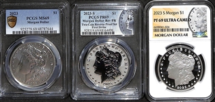 Lot of (3) 2023 &2023-S Morgan Silver Dollars - MS69/PR69/PF69